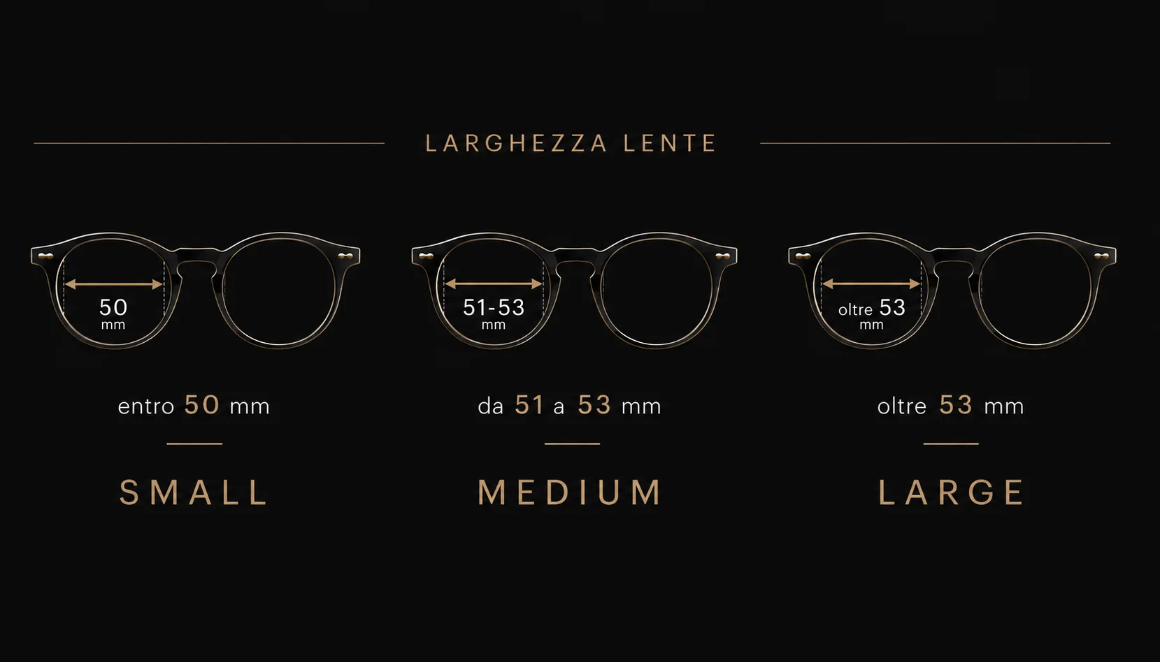 Confronto taglie occhiali Small Medium Large per larghezza lente